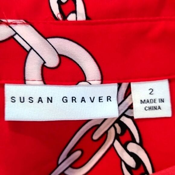 Susan Graver Red Blouse w/ White Chain Print, Longsleeve, Ties at Waist, Size 2 - Picture 8 of 9